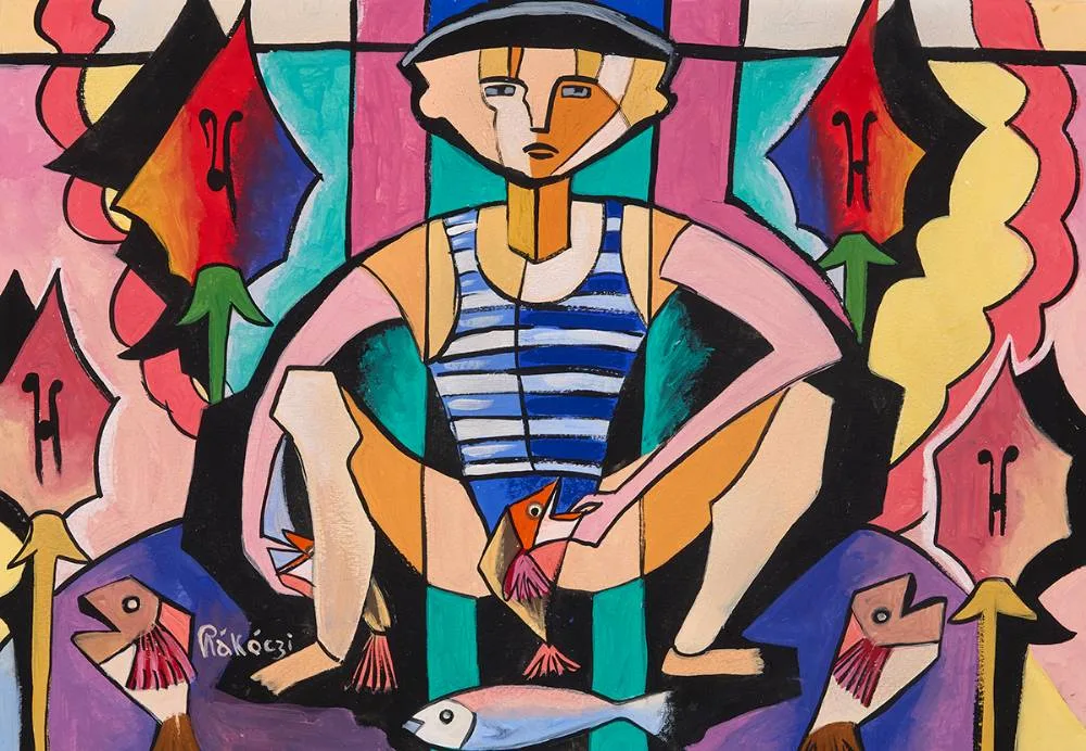 CATCHING FISH by Basil Rakoczi, gouache, sold Mar 2024