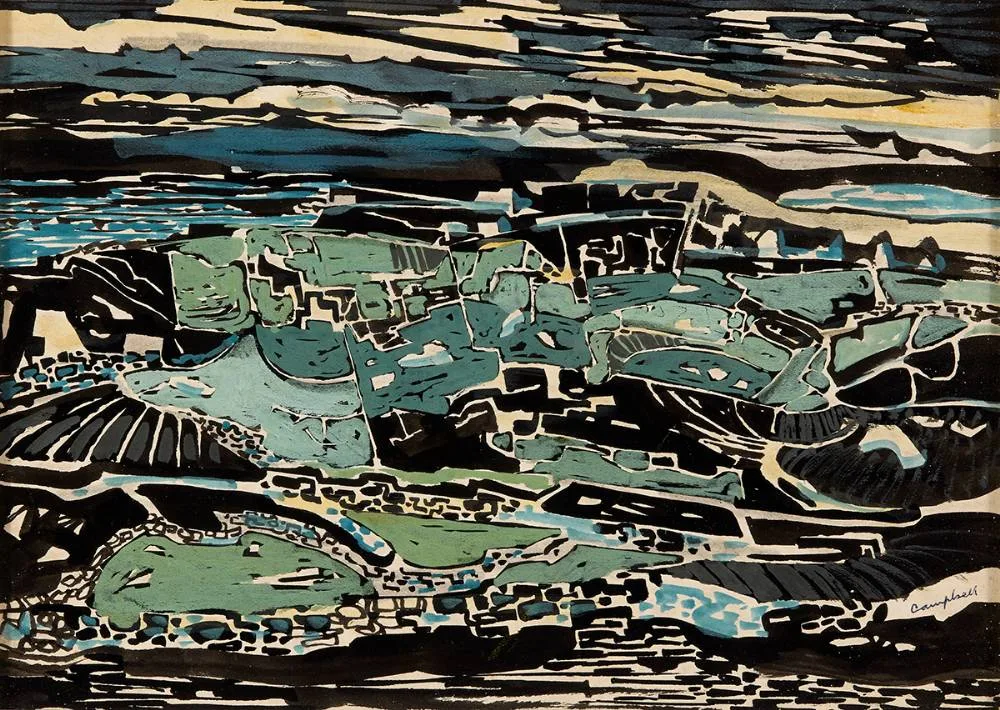 ISLAND PATTERNS, CONNEMARA by George Campbell, gouache, sold Mar 2024
