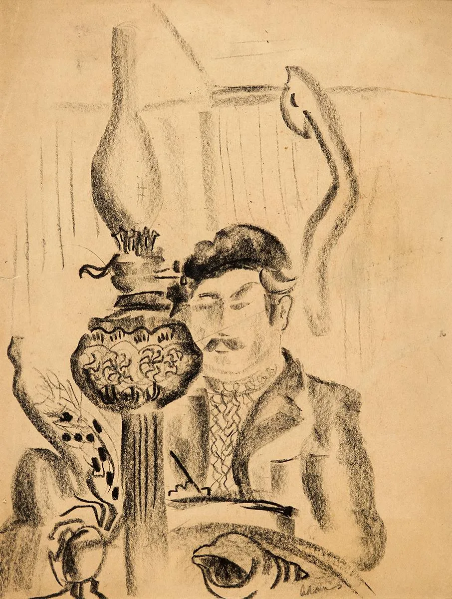 STUDY OF GERARD DILLON by Arthur Armstrong, charcoal, sold Mar 2024