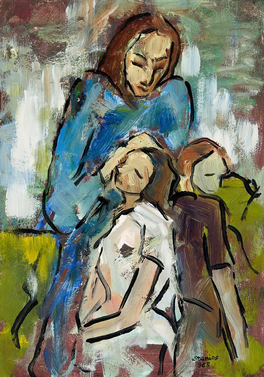 Josip Stanić Stanios, WOMAN WITH TWO CHILDREN, 1968, oil on board