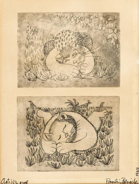 Pauline Bewick, SLEEPING CAT [A PAIR ON SINGLE SHEET], 1963, etchings; (artist's proof)
