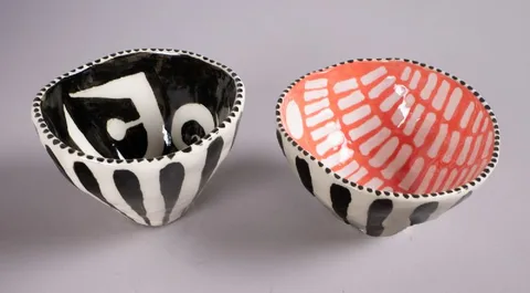 John Ffrench, PINCH POT ICE CREAM BOWLS, 2008 (SET OF TWO), hand-painted ceramics; (2)