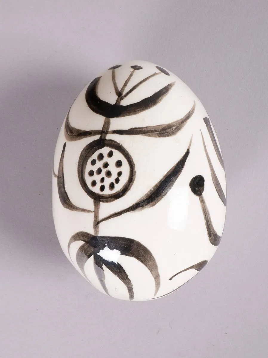 DECORATIVE EGG by John Ffrench, hand-painted ceramic, sold Mar 2024