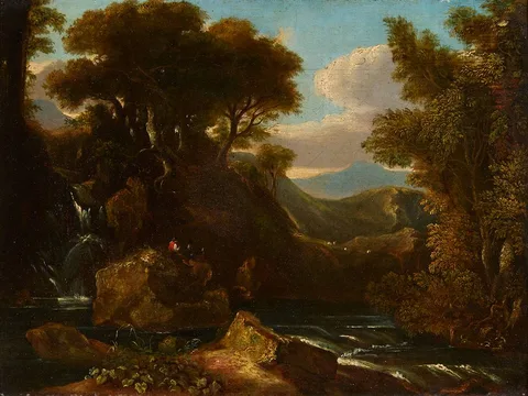 LANDSCAPE WITH FISHERMEN BY A WATERFALL, MOUNTAINS BEYOND by 19th Century Irish School, oil on canvas, offered Mar 2024