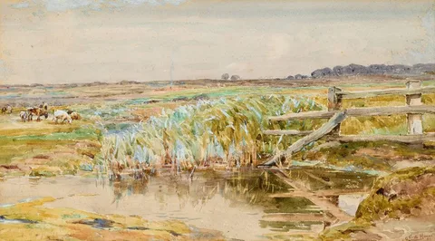 Claude Hayes, CATTLE GRAZING IN A LANDSCAPE, watercolour