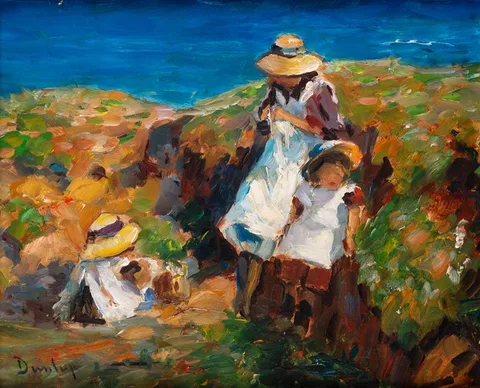 MOTHER AND CHILDREN BY THE SHORE by Ronald Ossory Dunlop, oil on board, sold Mar 2024
