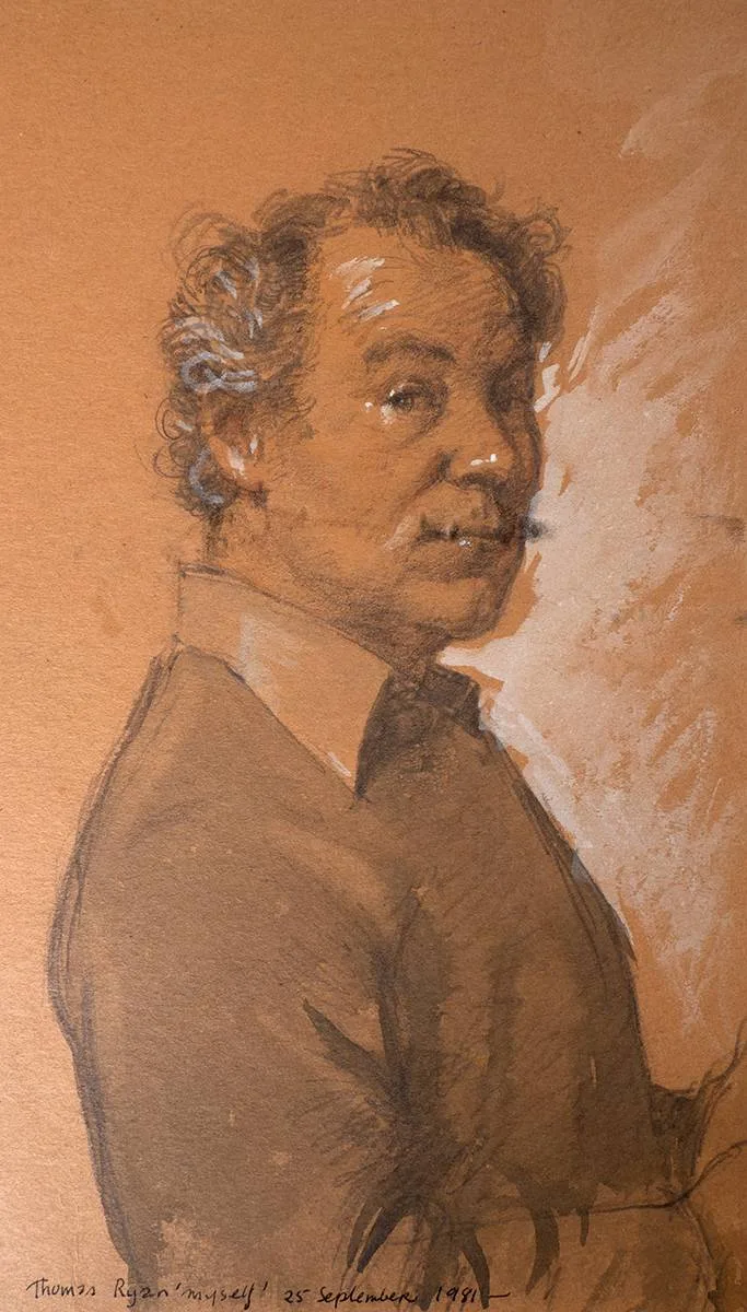 MYSELF [SELF PORTRAIT] by Thomas Ryan, 1981, pencil and wash with white; (unframed), sold Mar 2024