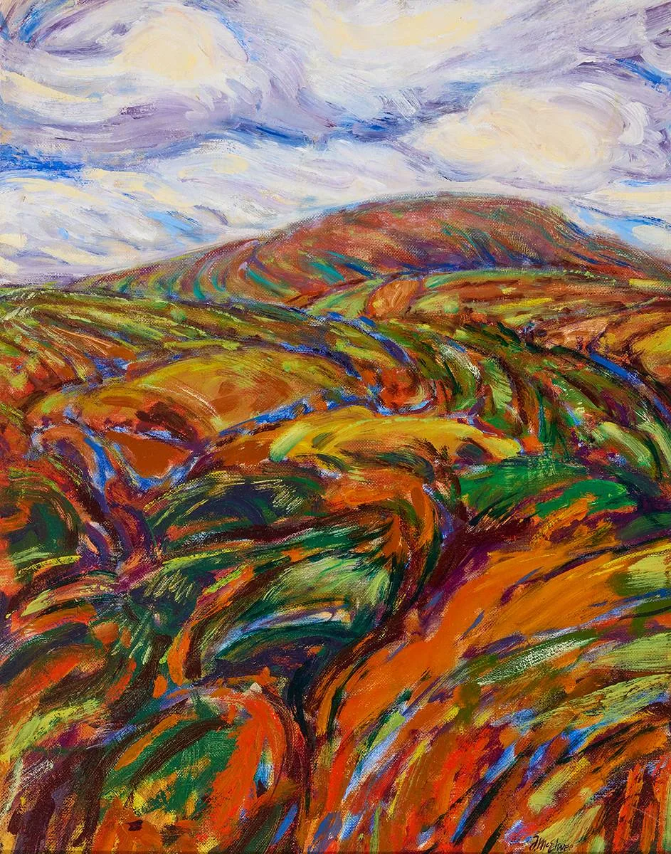 MOUNTAIN LANDSCAPE by Fred McElwee, oil on board, sold Mar 2024
