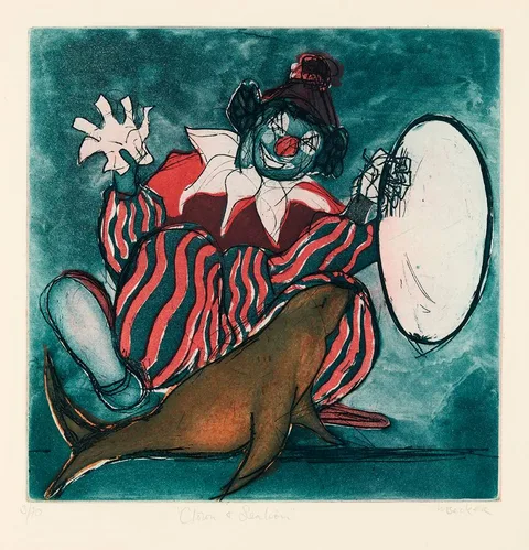 Margaret Becker, CLOWN AND SEALION, etching; (no. 3 from an edition of 70)