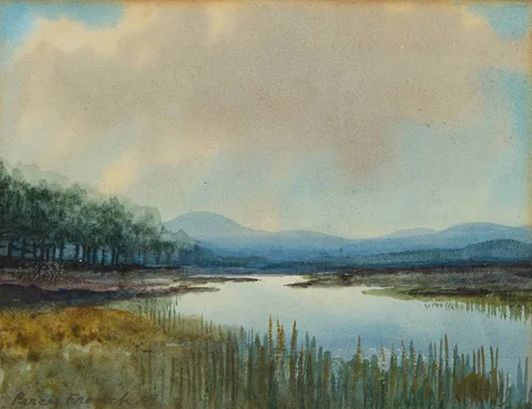 LAKE SCENE WITH FOREST AND MOUNTAINS by William Percy French, 1909, watercolour, sold Mar 2024