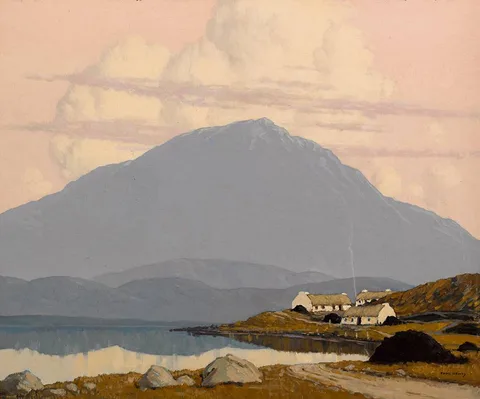 Paul Henry, COTTAGES BY A LAKE, ACHILL, CONNEMARA, oil on canvas