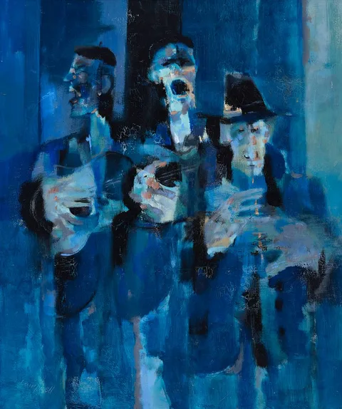 MUSICOS AMBULANTES by George Campbell, oil on panel, offered Mar 2024