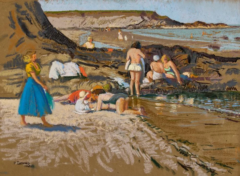 Patrick Leonard, BEACH SCENE, COUNTY DUBLIN, 1949, pastel on buff-coloured paper