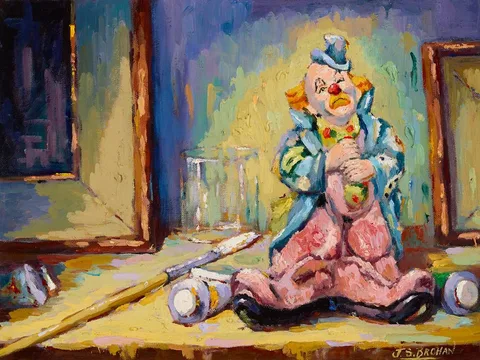 James S. Brohan, STILL LIFE WITH CLOWN FIGURE, oil on canvas board