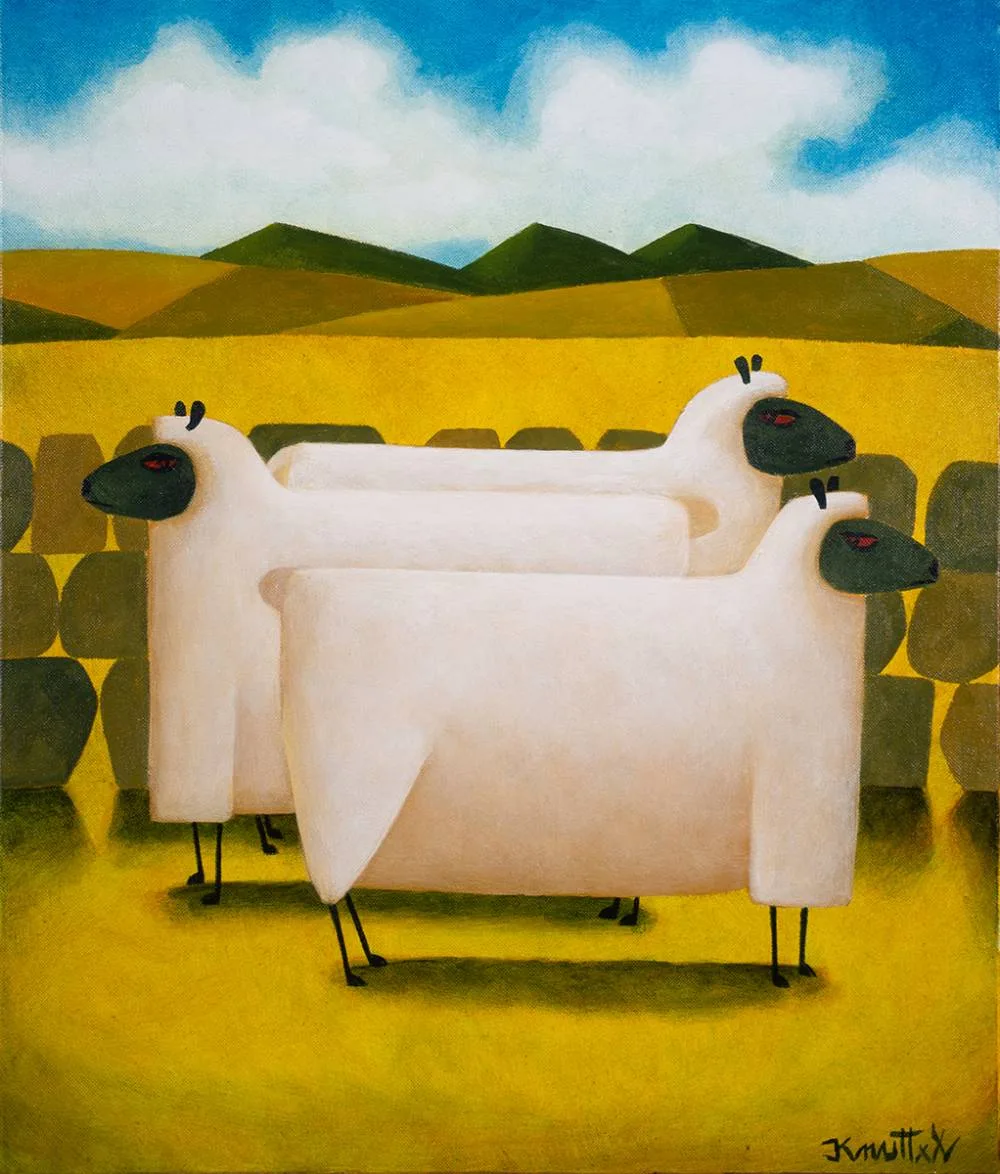 THREE SHEEP by Graham Knuttel, oil on canvas, sold Dec 2023