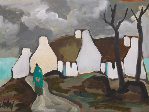 Markey Robinson, SHAWLIE ON A ROAD INTO A VILLAGE, oil on board