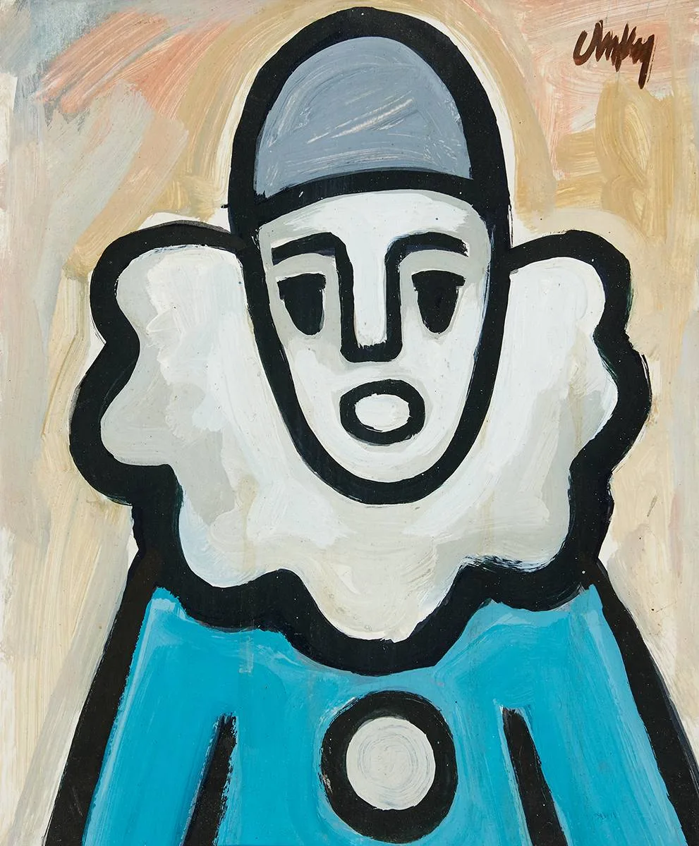 CLOWN by Markey Robinson, oil on board, sold Dec 2023
