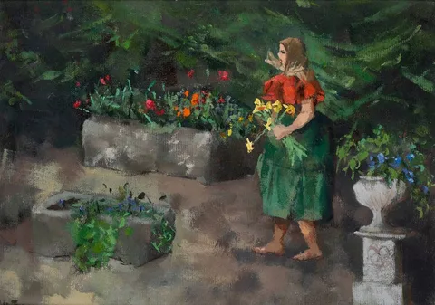 FLOWER TROUGHS by Sarah le Jeune, oil on board, offered Dec 2023