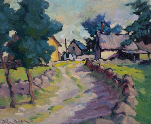 John Dinan, COUNTRY PATH WITH COTTAGES, oil on board