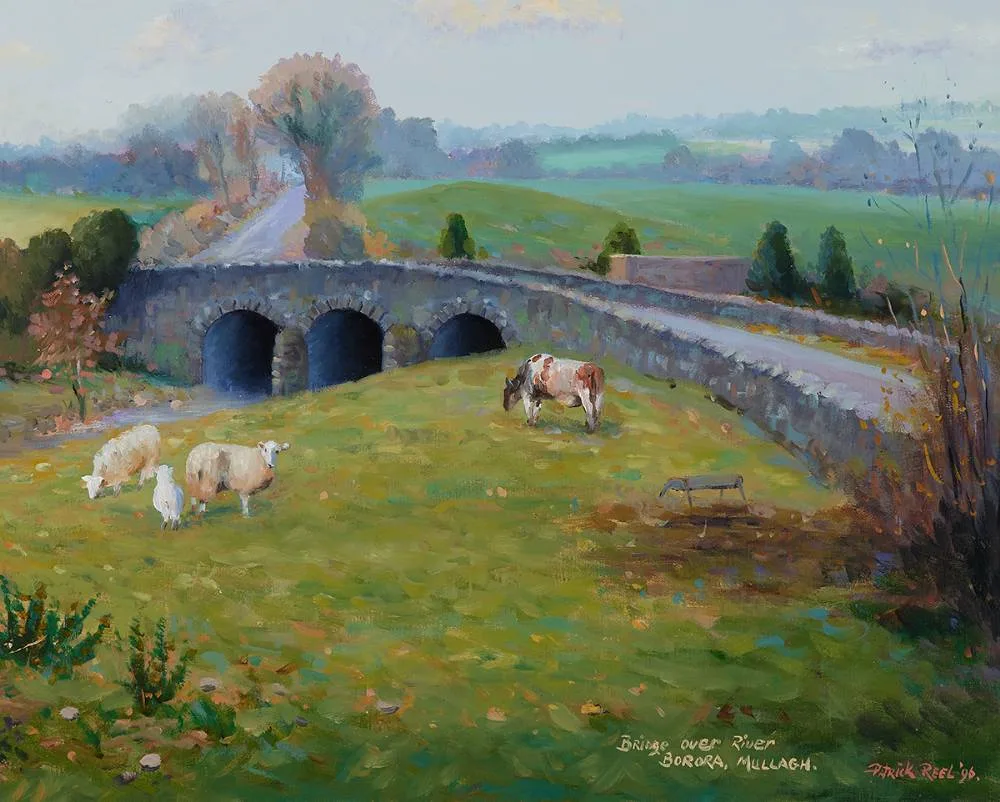 BRIDGE OVER RIVER BORORA, MULLAGH, COUNTY CAVAN by Patrick Reel, 1996, oil on canvas, offered Dec 2023