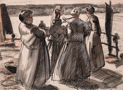 THE FILMMAKERS, LOUGHSHINNY, COUNTY DUBLIN by Patrick Leonard, 1947, chalk with conté and wash, offered Dec 2023