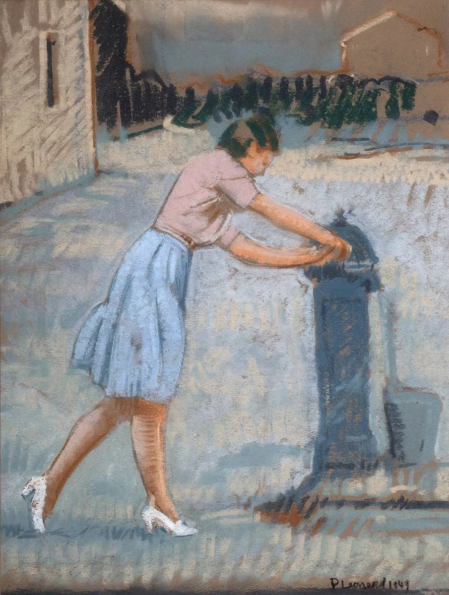 THE PUMP, THE SQUARE, RUSH, COUNTY DUBLIN by Patrick Leonard, 1949, pastel, offered Dec 2023
