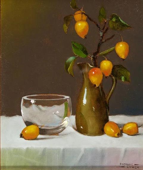 STILL LIFE WITH CRABAPPLES by Padraig Lynch, 2006, oil on canvas board, sold Dec 2023