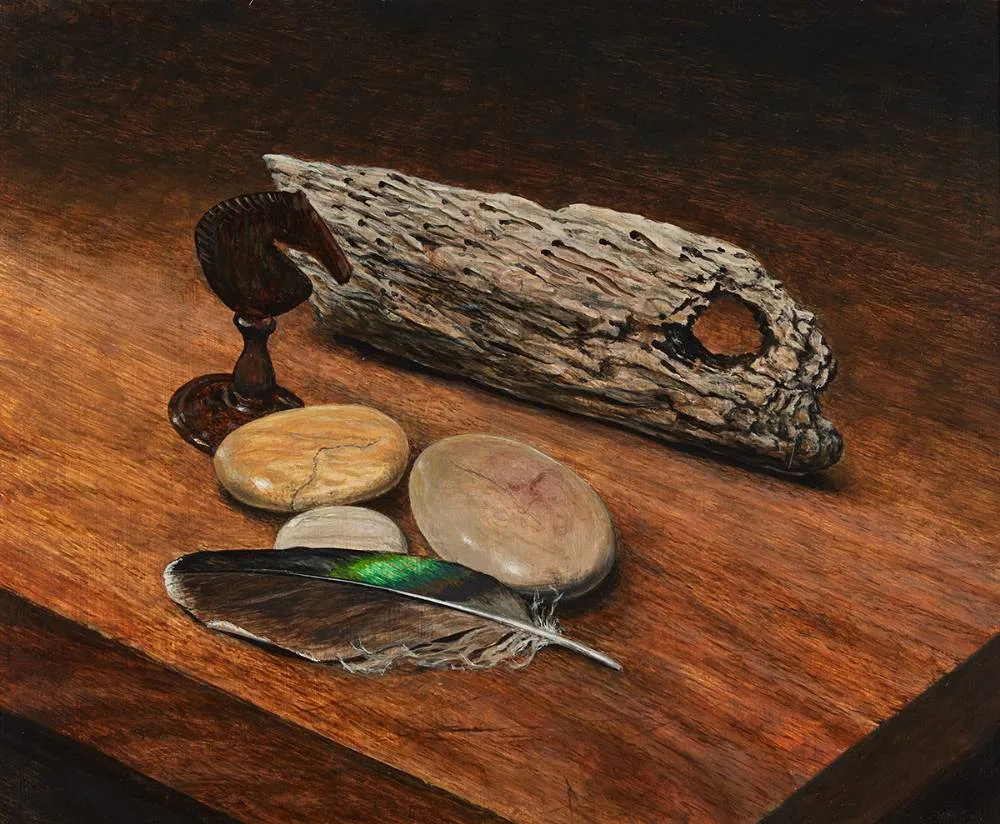 Michael B. McAuley, STILL LIFE WITH LAPWING FEATHER, 1990, oil on panel