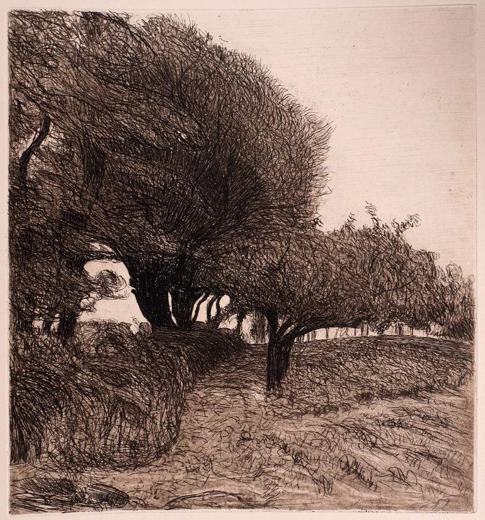 SENTIER À TRAVERS LES ARBES / PATH THROUGH THE TREES by Roderic O'Conor, c. 1893, restrike etching on cream wove paper (unframed), sold Dec 2023