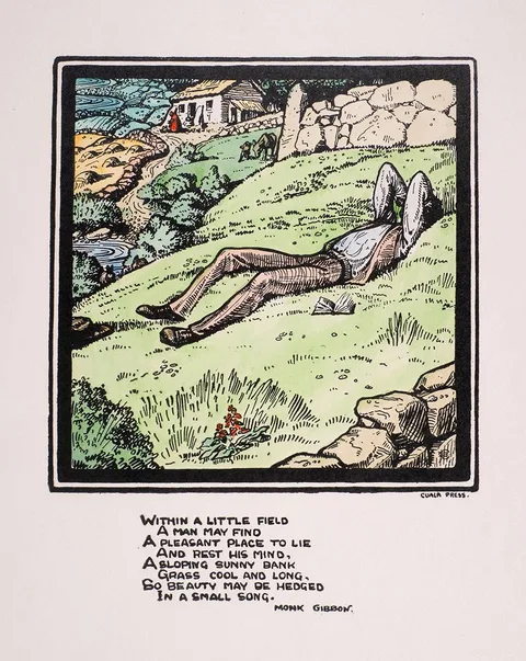 Beatrice Elvery, WITHIN A LITTLE FIELD, hand-coloured Cuala press print; (unframed)