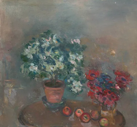Stella Steyn, STILL LIFE WITH FLOWERS AND RED APPLES, oil on canvas