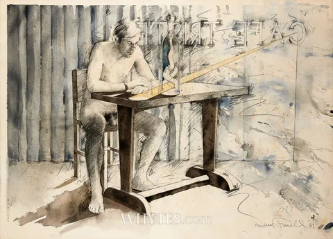 Micheal Farrell, CAFÉ TRISTE, 1981, pencil and watercolour