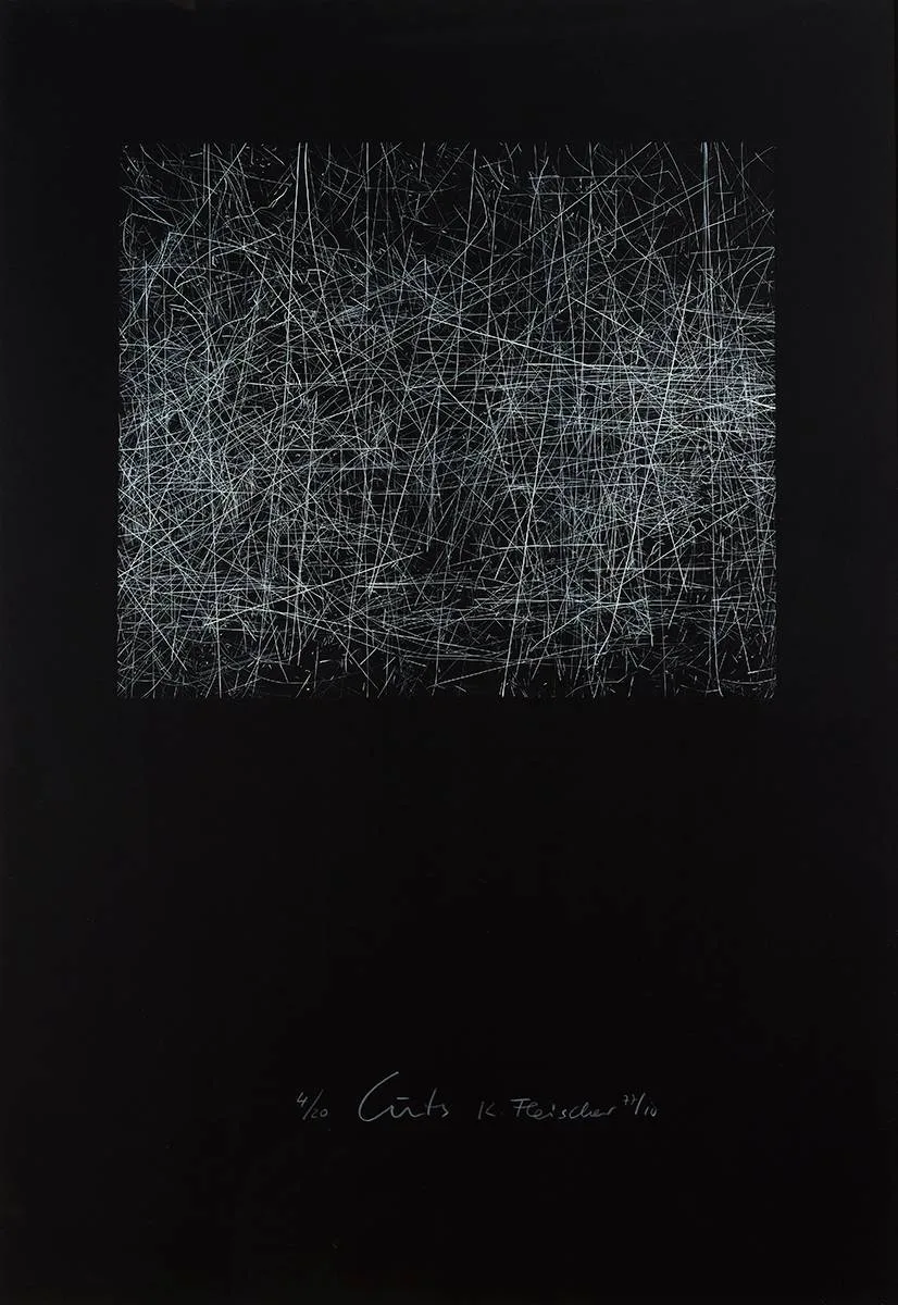 CUTS by Karin Fleischer, etching on Hahnemuhle paper; (no. 4 from an edition of 20), offered Dec 2023