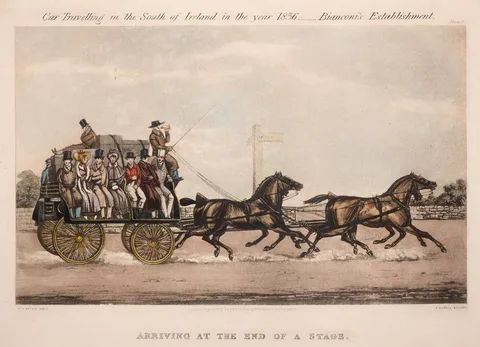 Michael Angelo Hayes, CAR TRAVELLING IN THE SOUTH OF IRELAND IN THE YEAR 1856, BIANCONI'S ESTABLISHMENT (COMPLETE SET OF SIX), hand-coloured aquatints; (6)