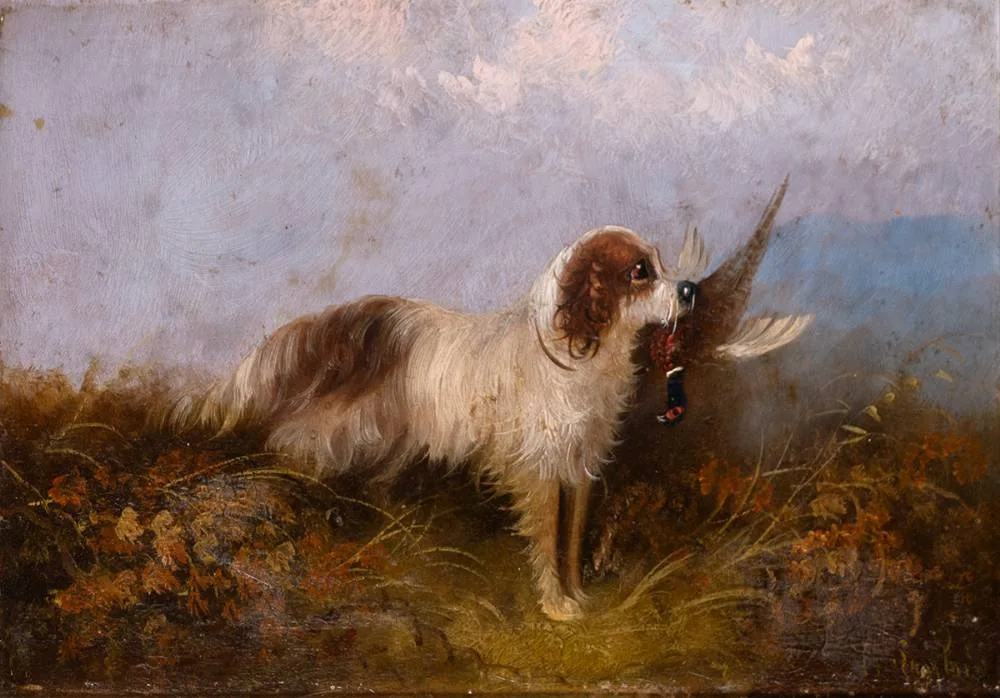 SPANIEL WITH PHEASANT by J Langlois, oil on board, offered Dec 2023