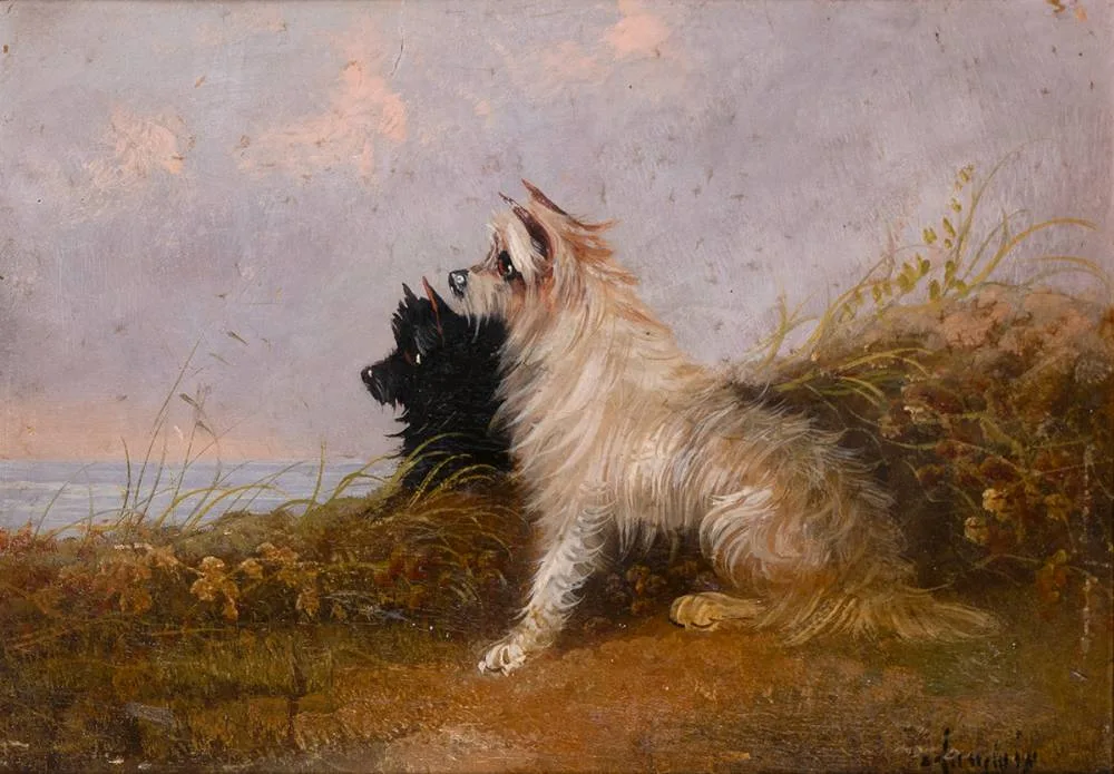 TWO TERRIERS by J Langlois, oil on board, offered Dec 2023