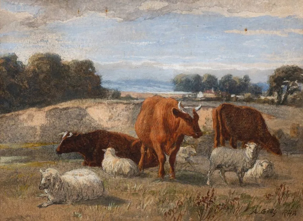 CATTLE AND SHEEP by Alfred Grey, watercolour, sold Dec 2023