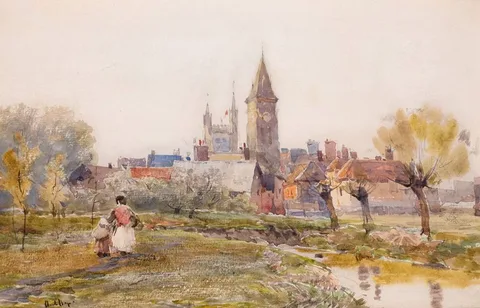 Claude Hayes, FIGURES BY A RIVER WITH A TOWN BEYOND, watercolour