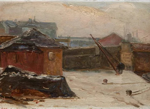 SHIPYARD, BELFAST by Hans Iten, oil on panel, offered Dec 2023