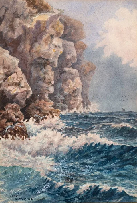COASTAL SCENE by Douglas Alexander, watercolour, offered Dec 2023