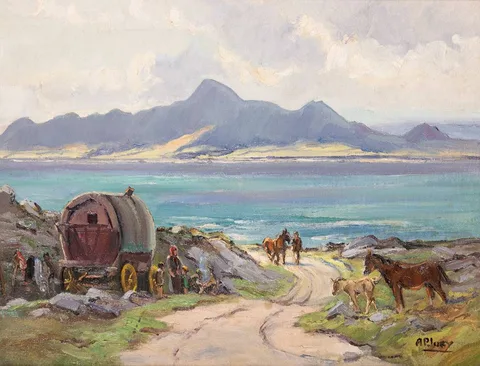 TRAVELLERS IN A COASTAL SCENE by Anne Primrose Jury, oil on board, sold Dec 2023