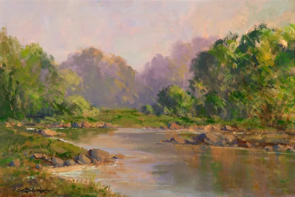 RIVER SCENE by George K. Gillespie, oil on canvas, offered Dec 2023