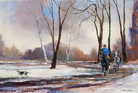 Susan Mary Webb, HORSES EXERCISING IN WINTER LANDSCAPE, 2009, oil on canvas