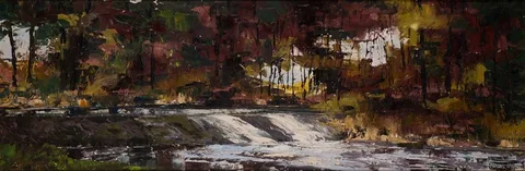 Fergus O'Ryan, LARCHWOOD AND WATERFALL, oil on board