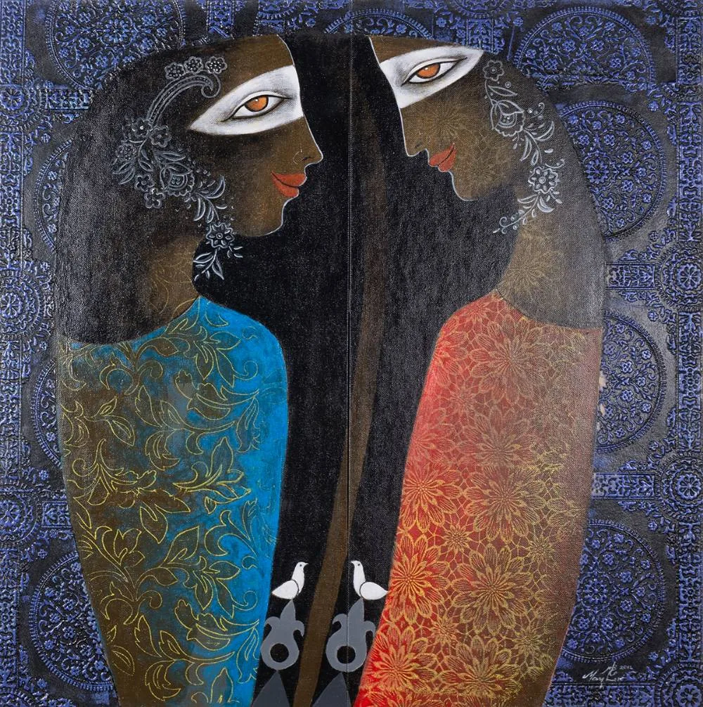 UNTITLED (TWO FIGURES) by Mazher Nizar, 2012, acrylic and collage elements on mounted canvas board, sold Dec 2023