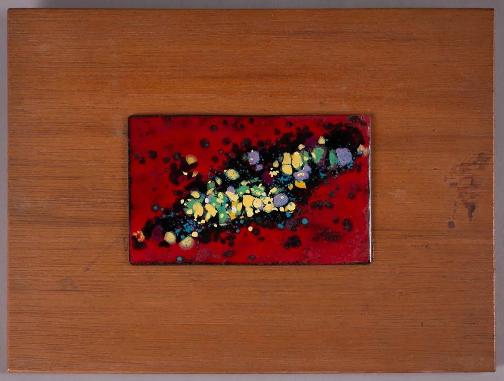 ABSTRACT by Pádraig Ó Mathúna, 1969, enamel, mounted on wood, sold Dec 2023