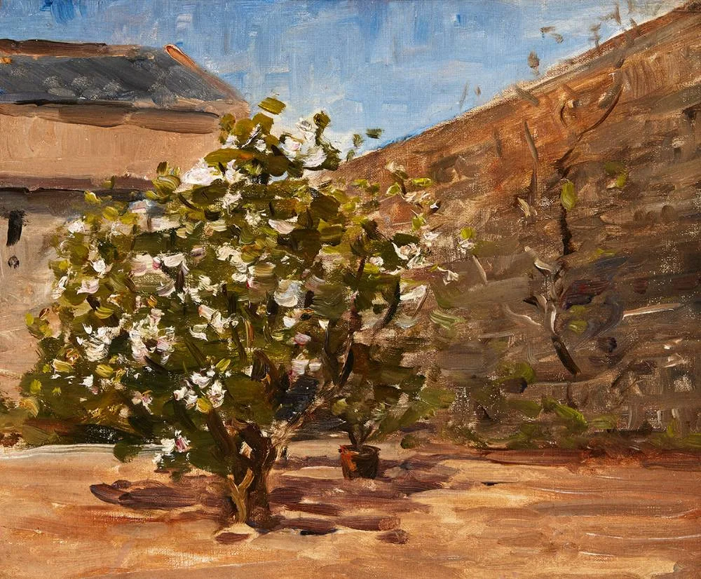 STUDY: TREE IN COURTYARD by Nathaniel Hone, oil on board, sold Dec 2023
