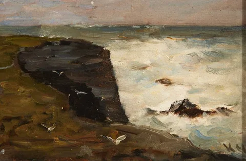 LOOKOUT, KILKEE CLIFFS, COUNTY CLARE by Nathaniel Hone, oil on board, sold Dec 2023