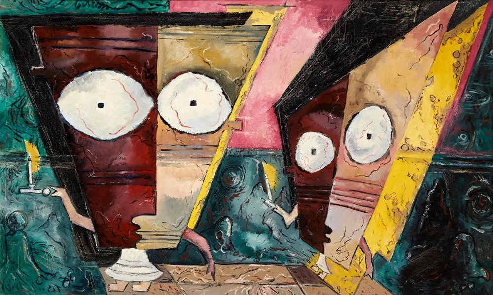 TWO FIGURES HOLDING CANDLES by Basil Rakoczi, oil on canvas, sold Dec 2023