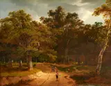 James Arthur O'Connor, FOREST LANDSCAPE WITH FIGURES ON A PATH, A WOMAN RESTING BEYOND